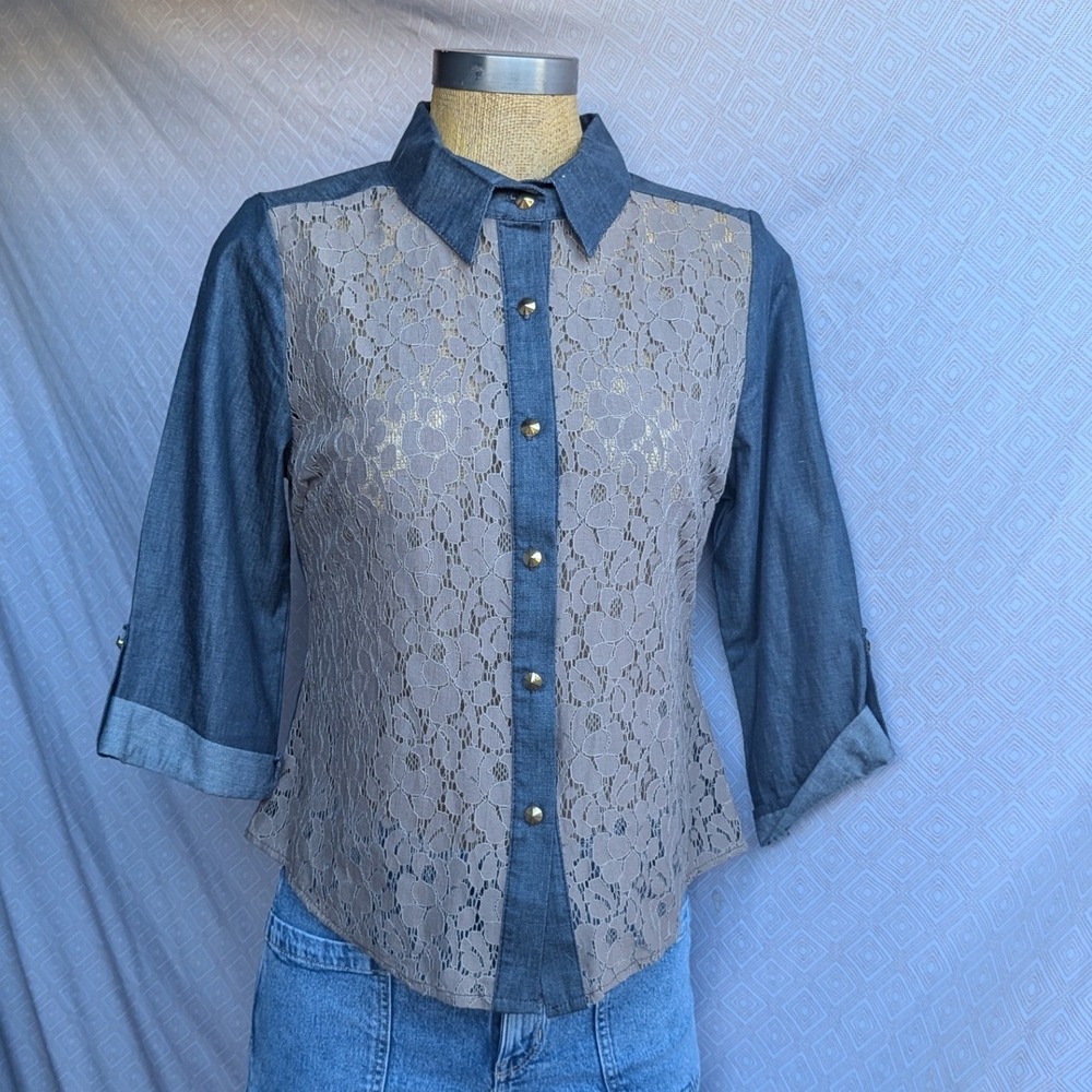 Celine by Champion Button Down Women Blue Taupe Excellent Lace Denim Shirt